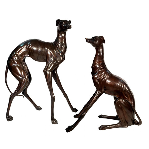 Large Whippet Dog Set Bronze Statues Greyhounds Unique Statuary